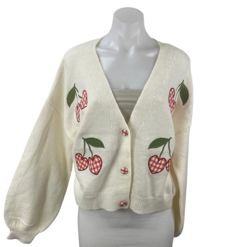 Debut Heart Cherry Embroidery Long Sleeve Button Cardigan Sweater Jacket Sz M/L